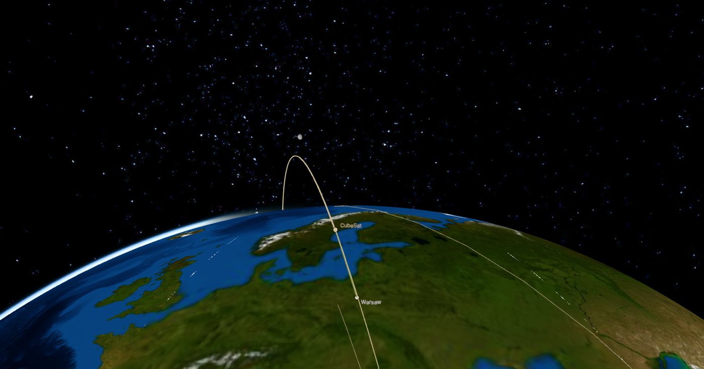 GMAT orbit and Warsaw ground-station pass drawn in 3D with CesiumJS